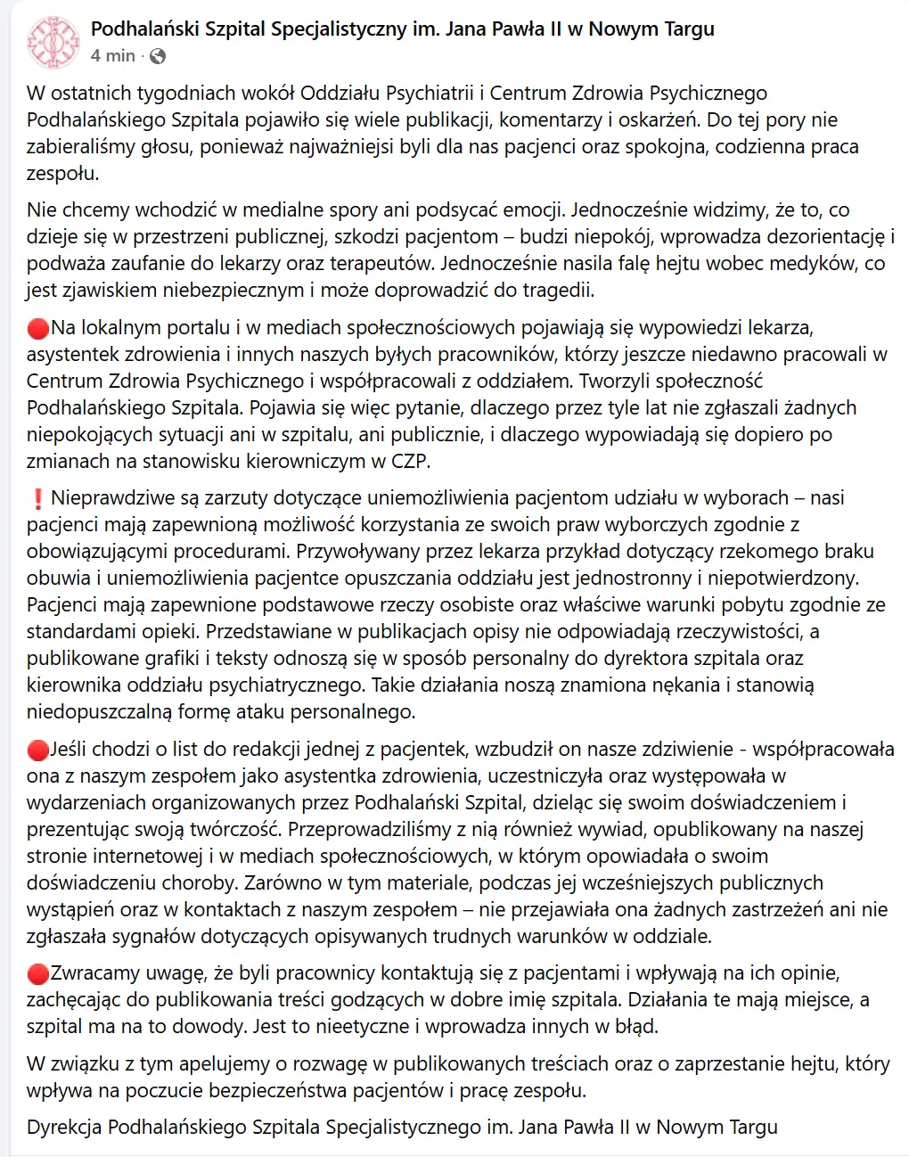 Szpital w Nowym Targu przerywa milczenie. Oskarża byłych pracowników o manipulowanie pacjentami