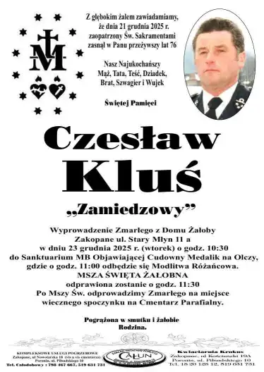 Zmarł Czesław Kluś - wieloletni druh i wiceprezes OSP Zakopane-Olcza