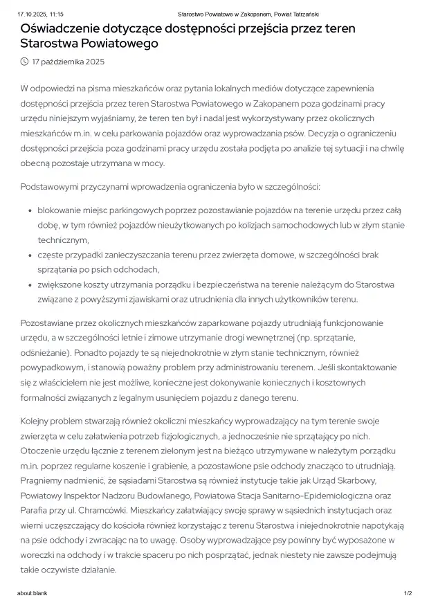 Starostwo w Zakopanem wyjaśnia dlaczego teren jest zamykany po godzinach pracy