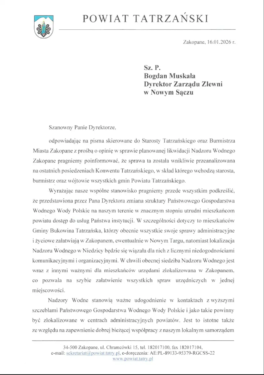 Samorządy mówią nie likwidacji Nadzoru Wodnego w Zakopanem