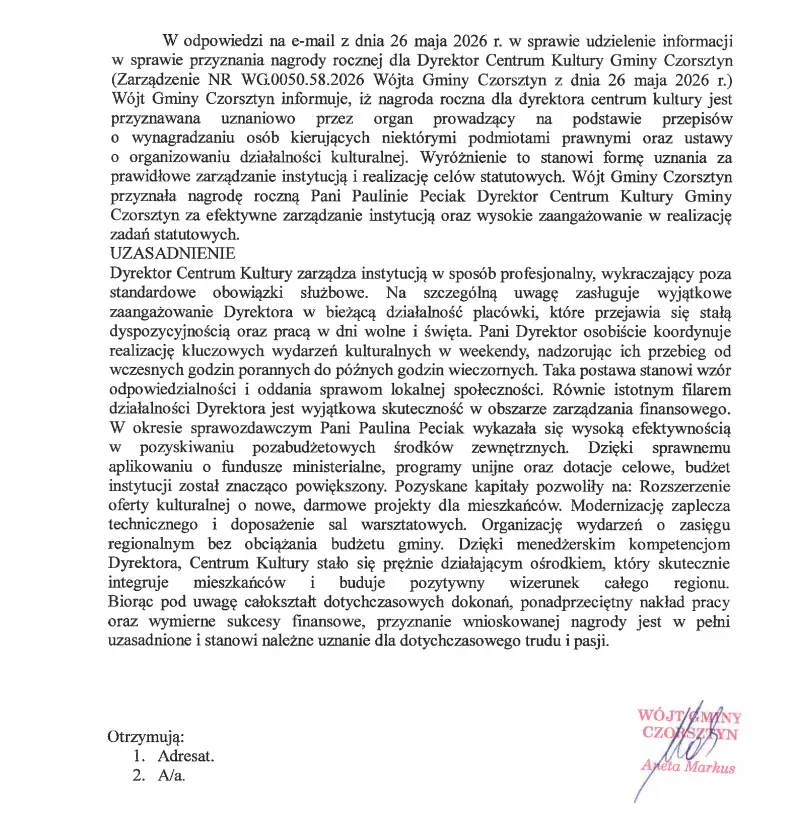 Czorsztyn: Wójt przyznała nagrodę dyrektor Centrum Kultury. Zapytaliśmy za co, odpowiedzi nadal brak