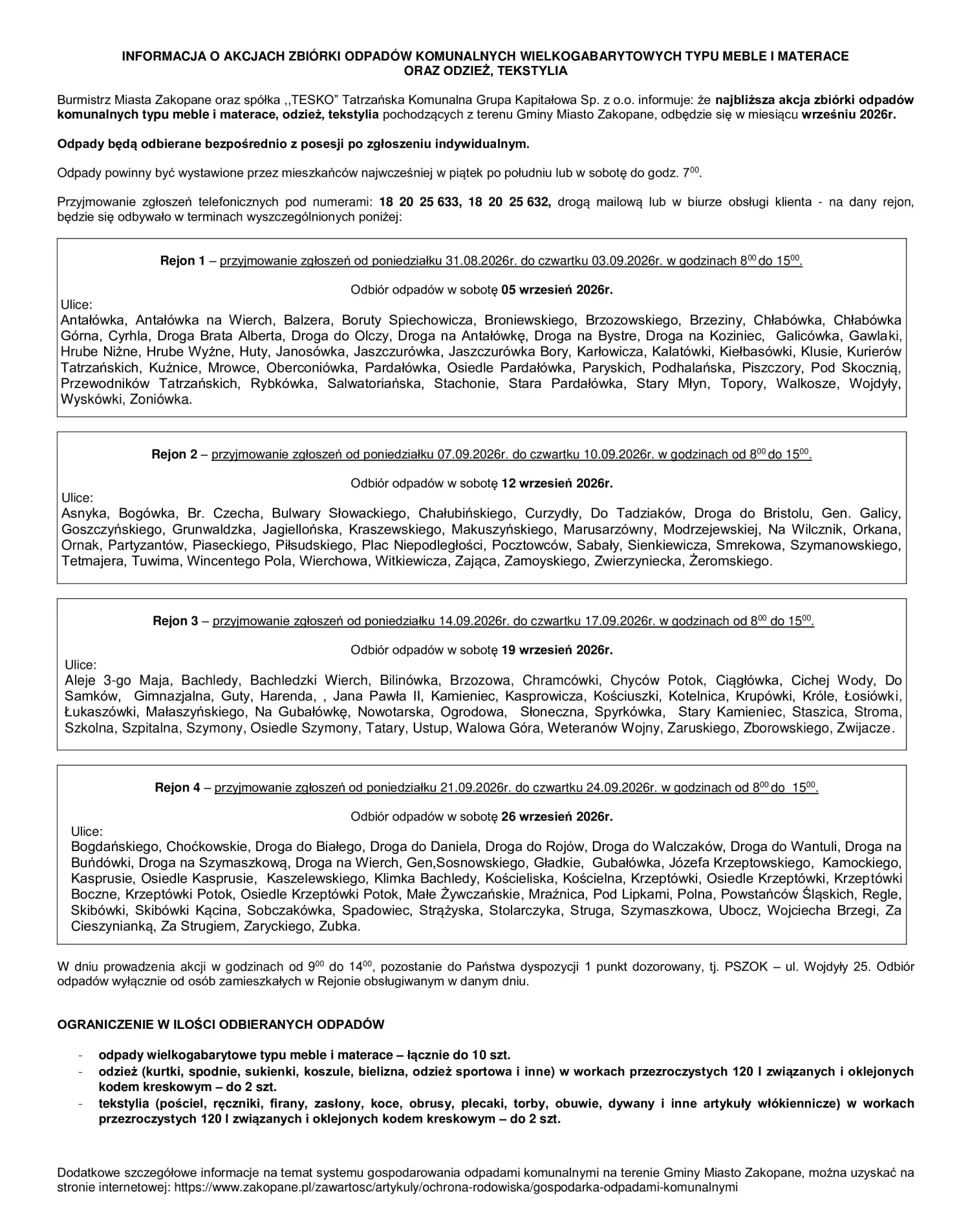 Zbiórka odzieży i tekstyliów w Zakopanem. Można oddać także wielkogabaryty