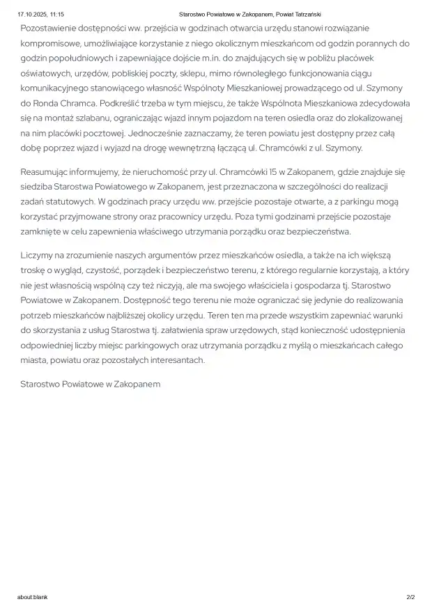 Starostwo w Zakopanem wyjaśnia dlaczego teren jest zamykany po godzinach pracy