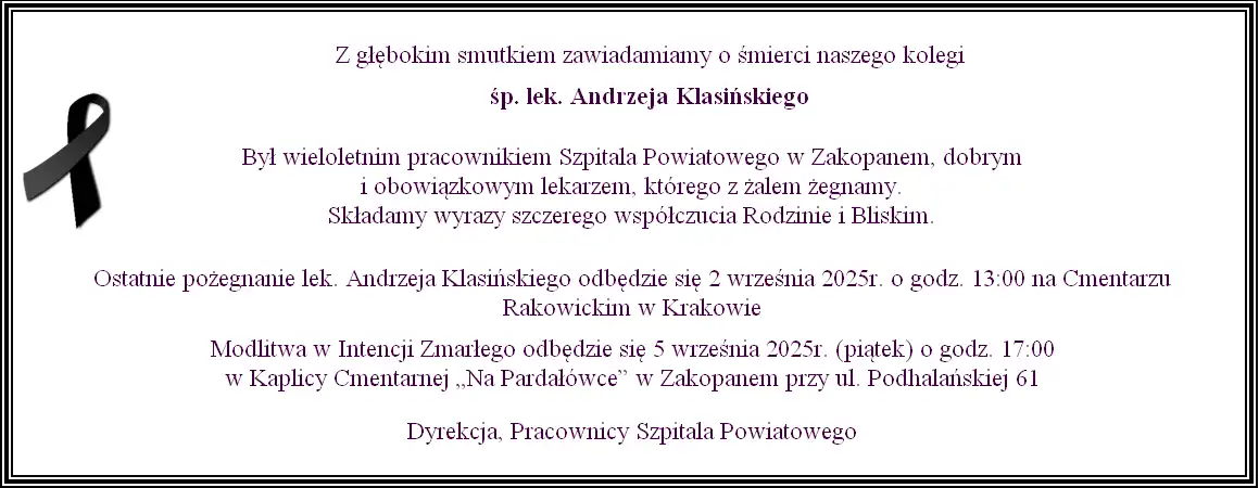 Nie żyje dr Andrzej Klasiński. Wieloletni lekarz Szpitala w Zakopanem