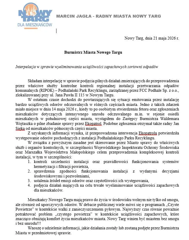 Smród nad Nowym Targiem. Radny żąda pilnej kontroli sortowni odpadów