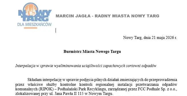 Smród nad Nowym Targiem. Radny żąda pilnej kontroli sortowni odpadów