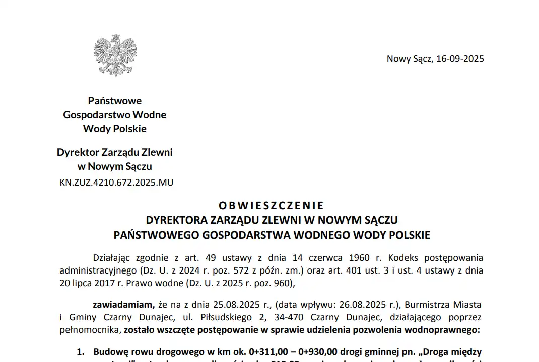 Rusza postępowanie wodnoprawne dla inwestycji drogowej w Czarnym Dunajcu