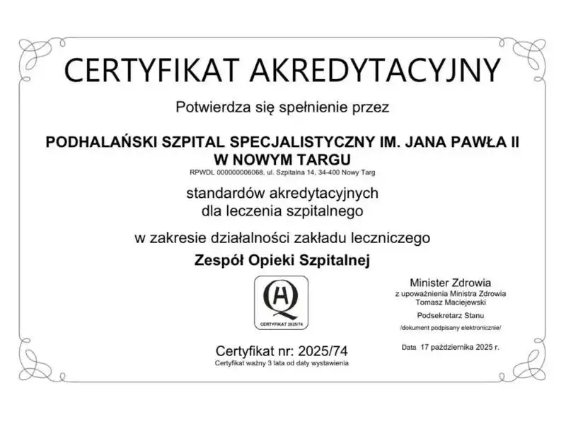 Podhalański Szpital Specjalistyczny w czołówce kraju. Sukces potwierdzony certyfikatem