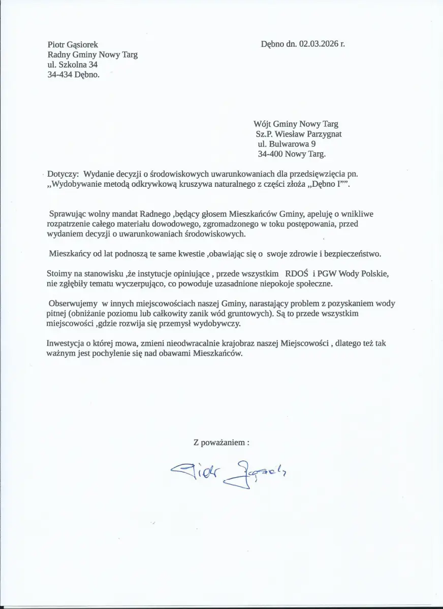 Radny Piotr Gąsiorek apeluje o ostrożność przed decyzją w sprawie złoża „Dębno I”. Wskazuje na obawy o poziom wód gruntowych