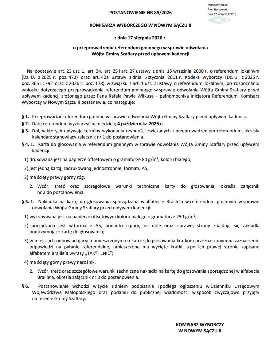 Referendum w Szaflarach oficjalnie zarządzone. Mieszkańcy zdecydują o losie wójta 4 października