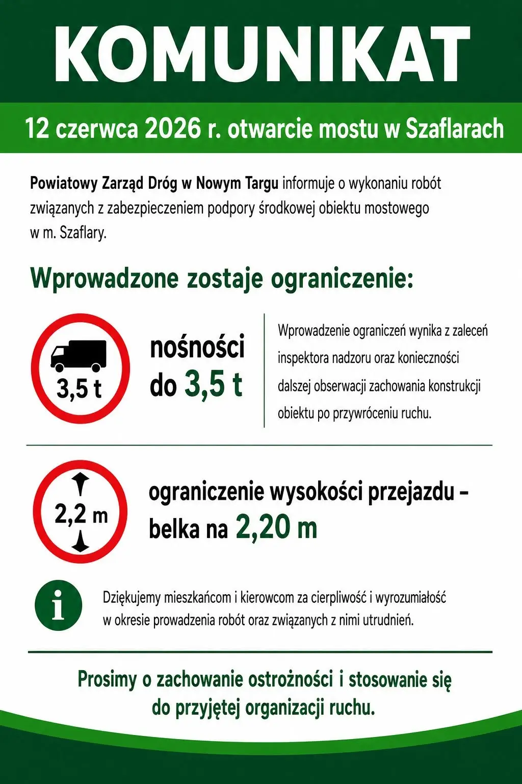 Kierowcy znów przejadą przez most w Szaflarach. Wprowadzono jedna limit wysokości i tonażu