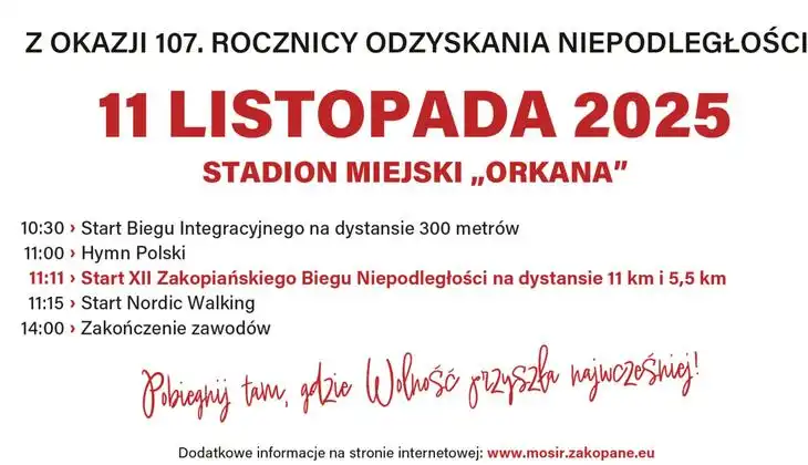 Uczcij Niepodległość na sportowo. XII Zakopiański Bieg Niepodległości już 11 listopada 2025 r
