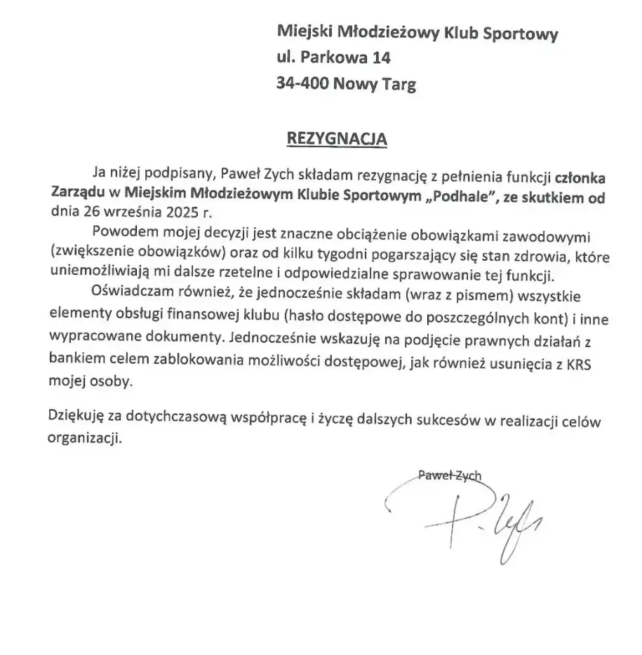Rezygnacja Pawła Zycha z Zarządu MMKS Podhale Nowy Targ