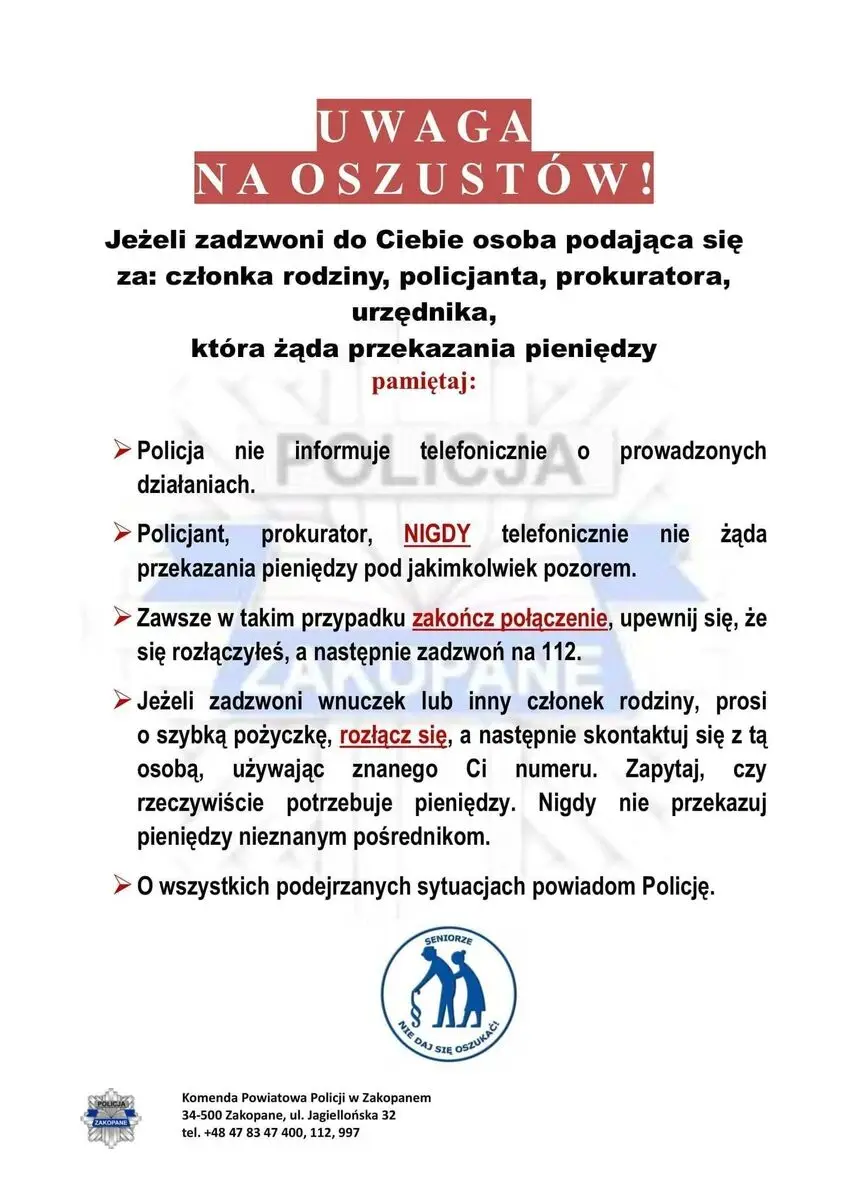 Na Podhalu pojawiła się nowa fala telefonicznych oszustw. Policja ostrzega mieszkańców