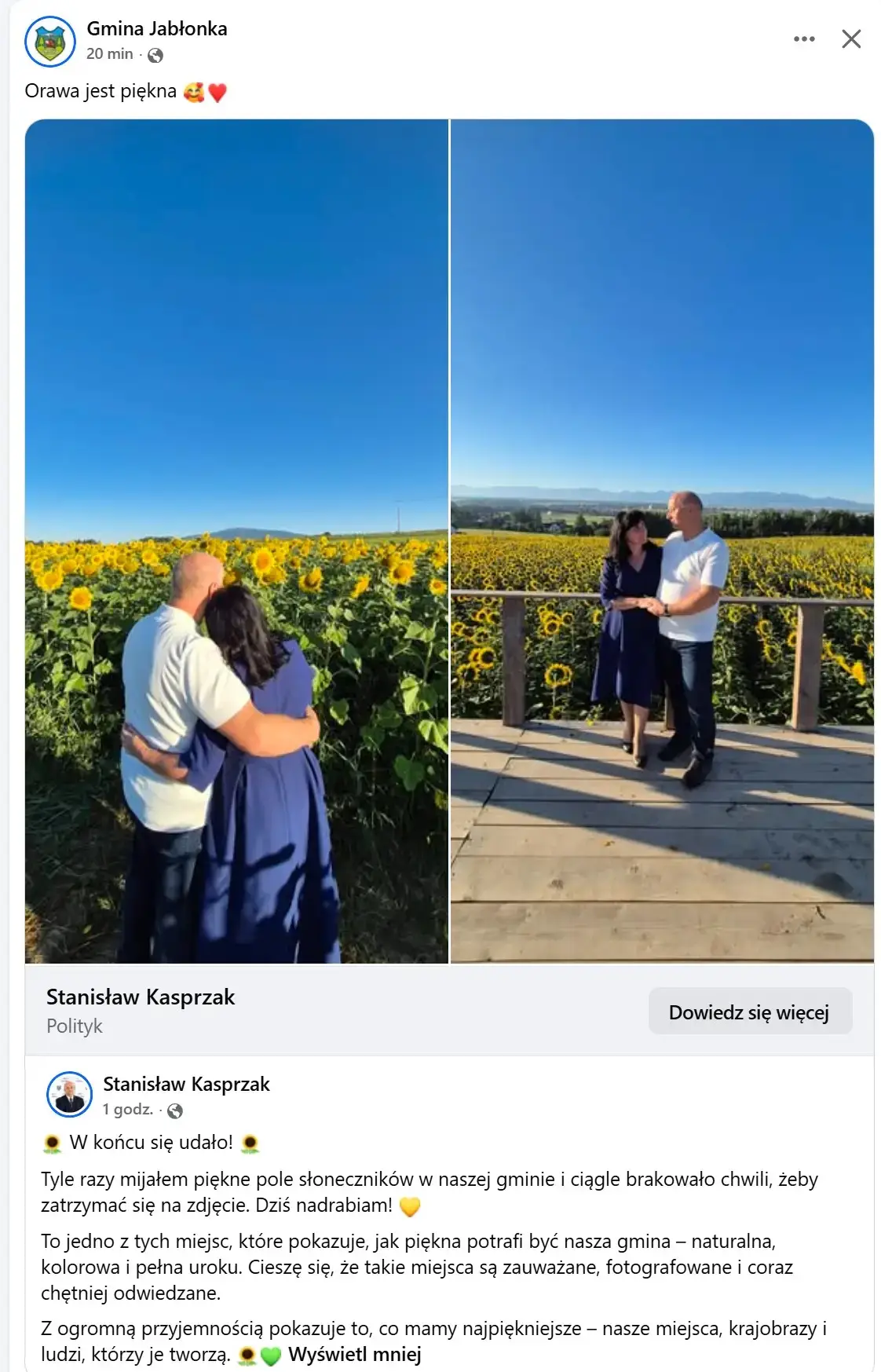 Wójt z żoną, w tle pole słoneczników. Dlaczego takie zdjęcia trafiły na oficjalny profil gminy?
