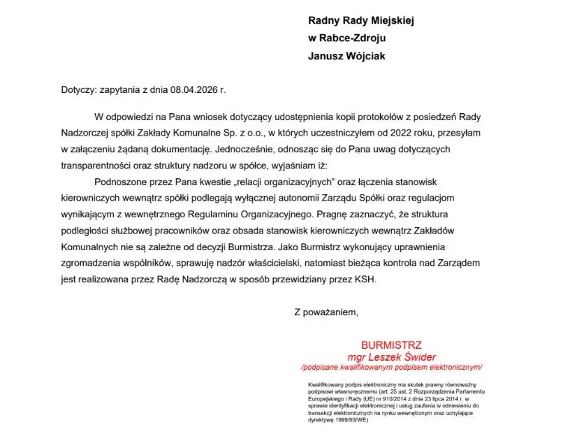 Rabka-Zdrój: Burmistrz odpowiada na zarzuty radnego. Padły pytania o nadzór i jawność